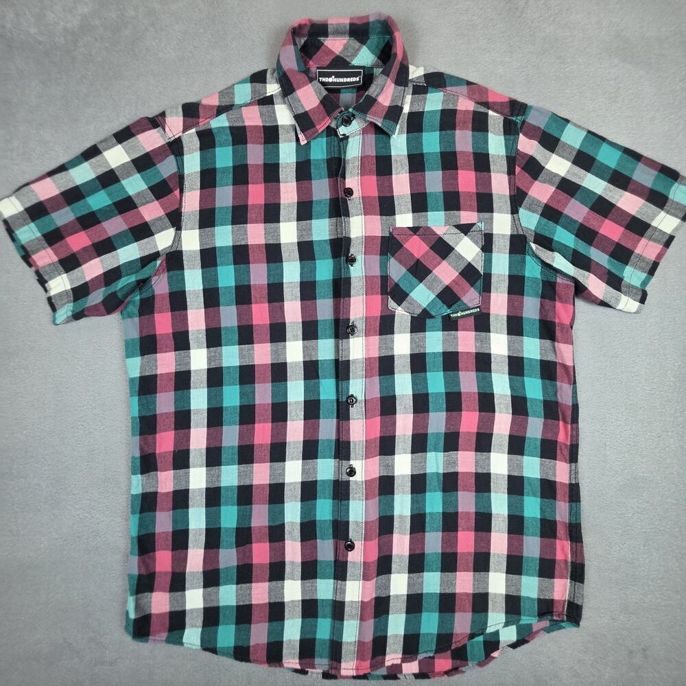The Hundreds Plaid Button Up Shirt Men's Large Pink Teal Black Check Cotton